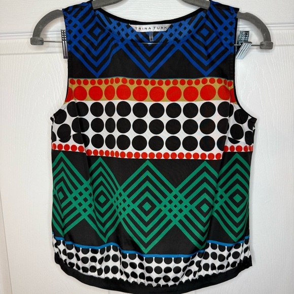Trina Turk Colorful Geometric Tank Top Size Small Petite GUC 100% Silk - Picture 1 of 9
